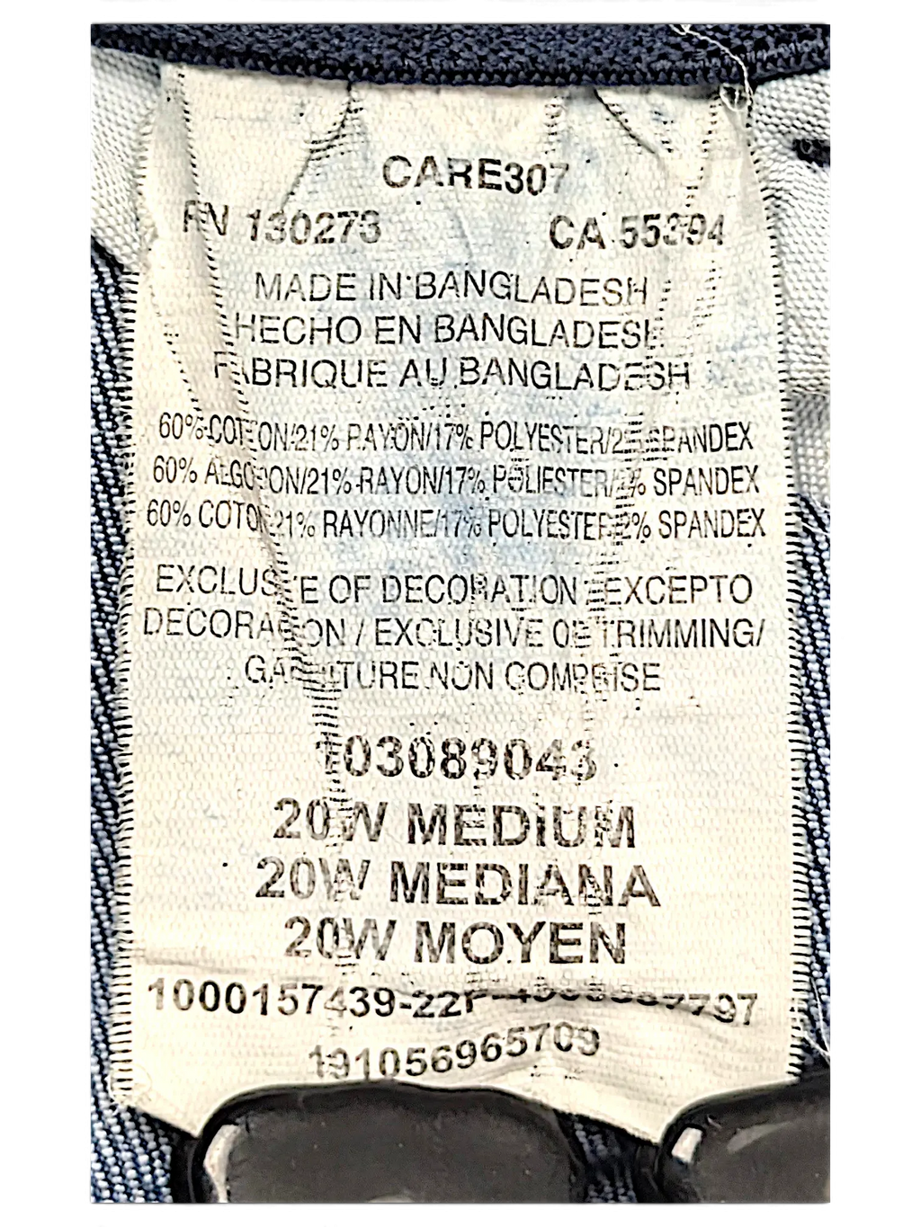 JAKE & IPI Lee Plus regular fit straight leg jeans care label showing size 20W and cotton blend fabric composition