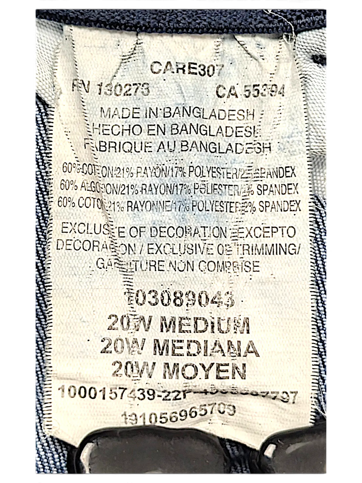 JAKE & IPI Lee Plus regular fit straight leg jeans care label showing size 20W and cotton blend fabric composition