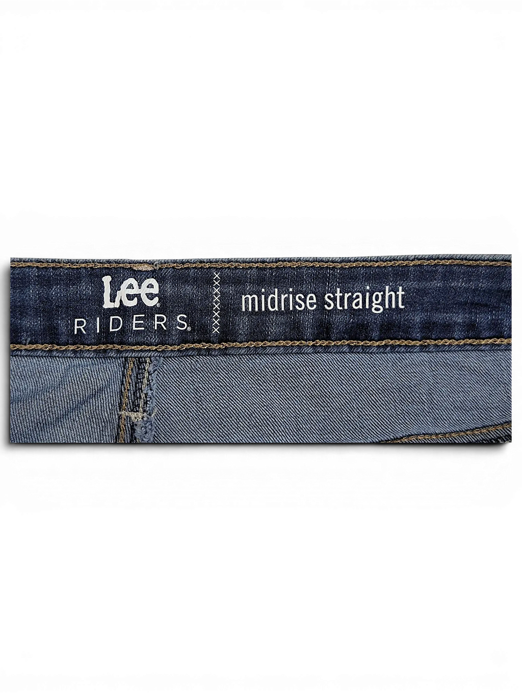 JAKE & IPI Lee Riders midrise straight blue denim jeans waistband detail with contrast stitching
