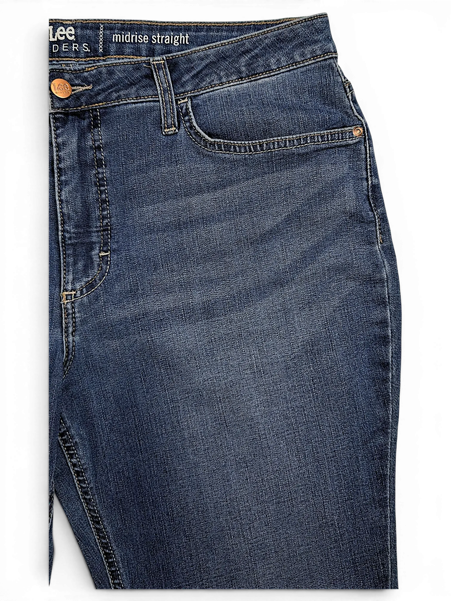 JAKE & IPI Lee Riders midrise straight jeans in medium wash denim with classic five-pocket styling.