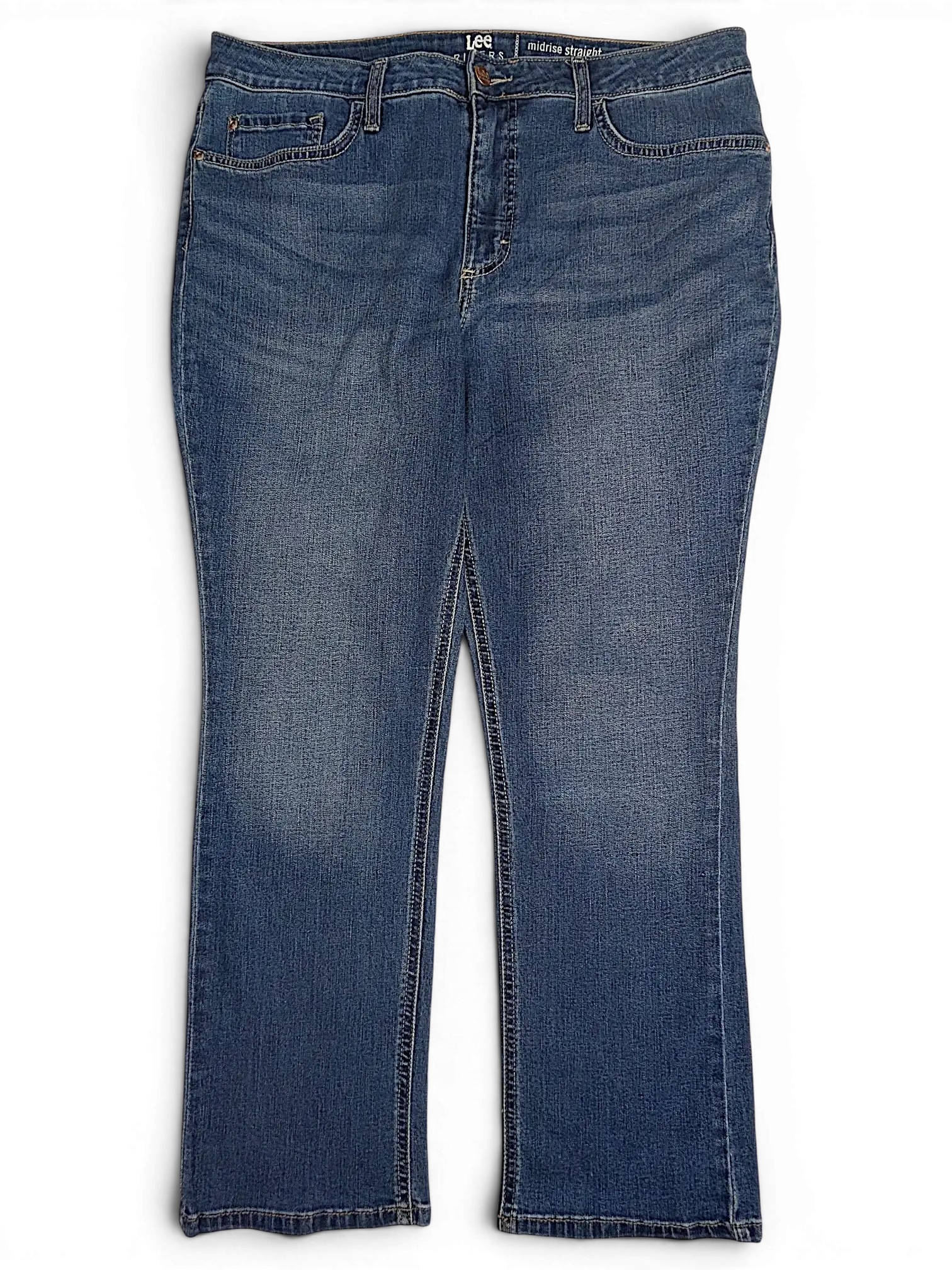 JAKE & IPI Lee Riders midrise straight leg jeans in medium blue denim with classic five-pocket styling