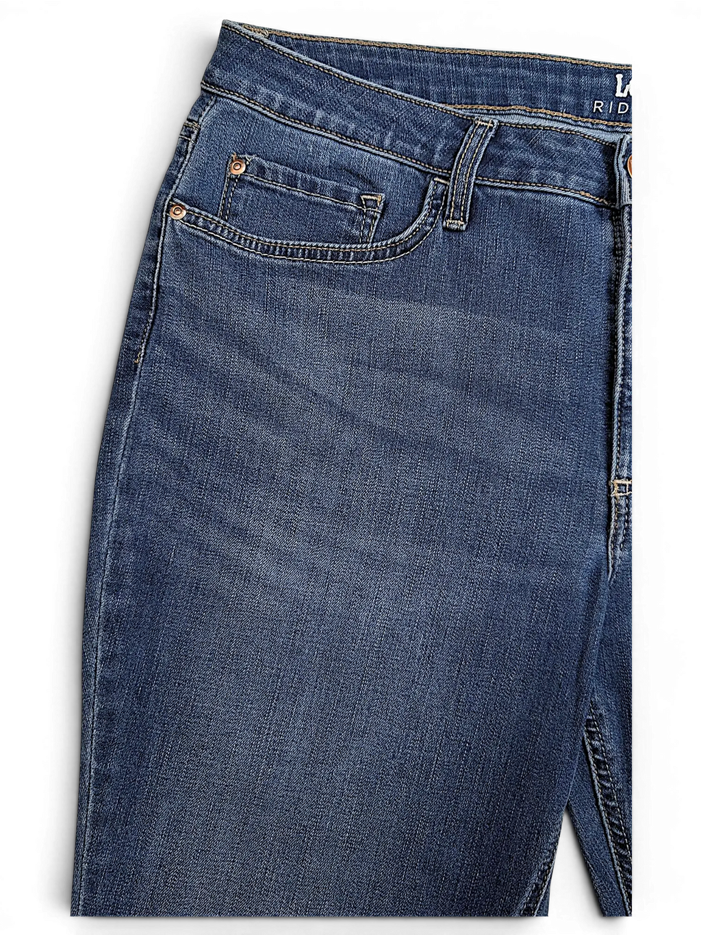JAKE & IPI Lee Riders midrise straight jeans in medium wash denim with copper rivets and classic five-pocket styling.