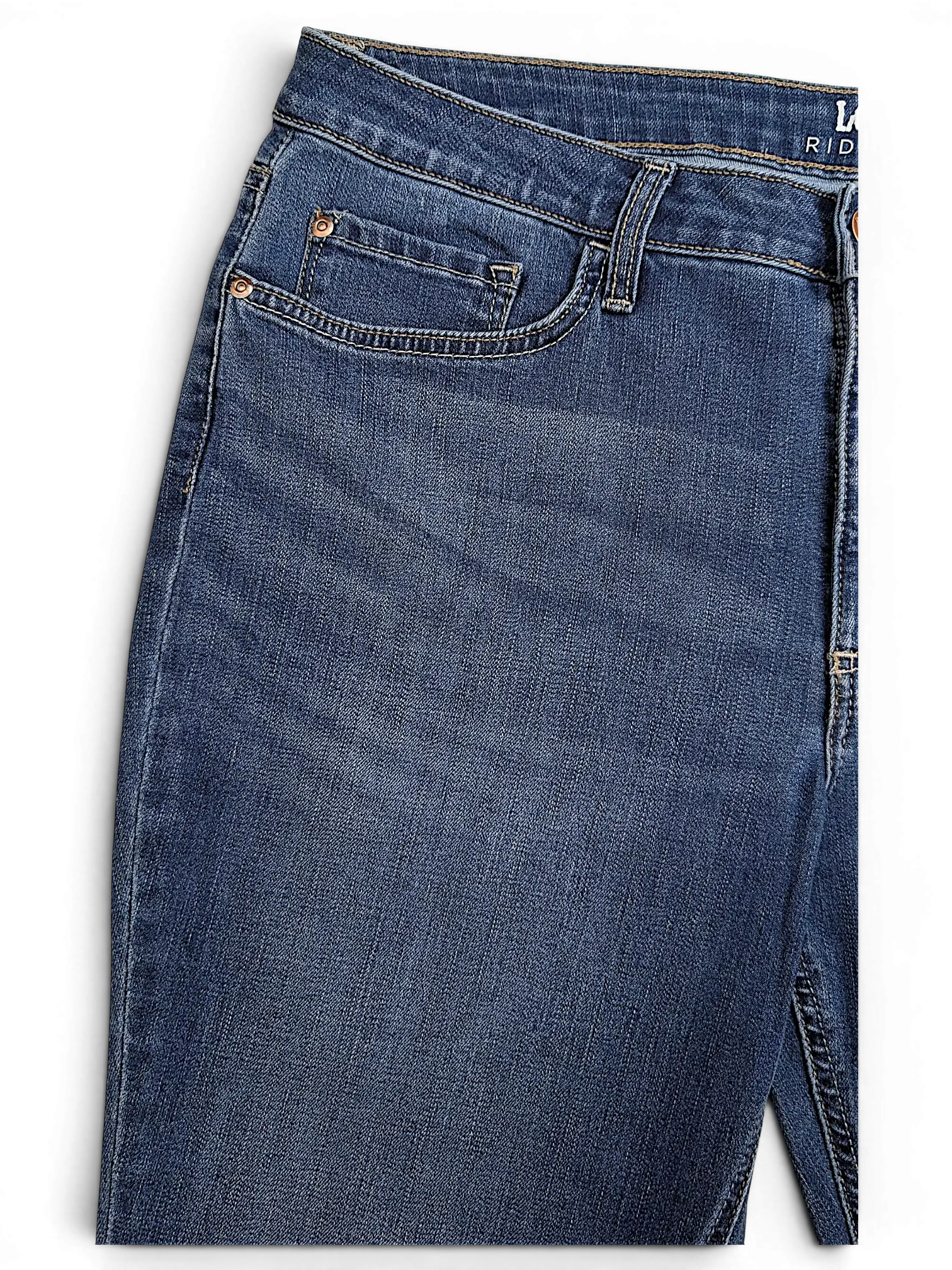 JAKE & IPI Lee Riders midrise straight jeans in medium wash denim with copper rivets and classic five-pocket styling.