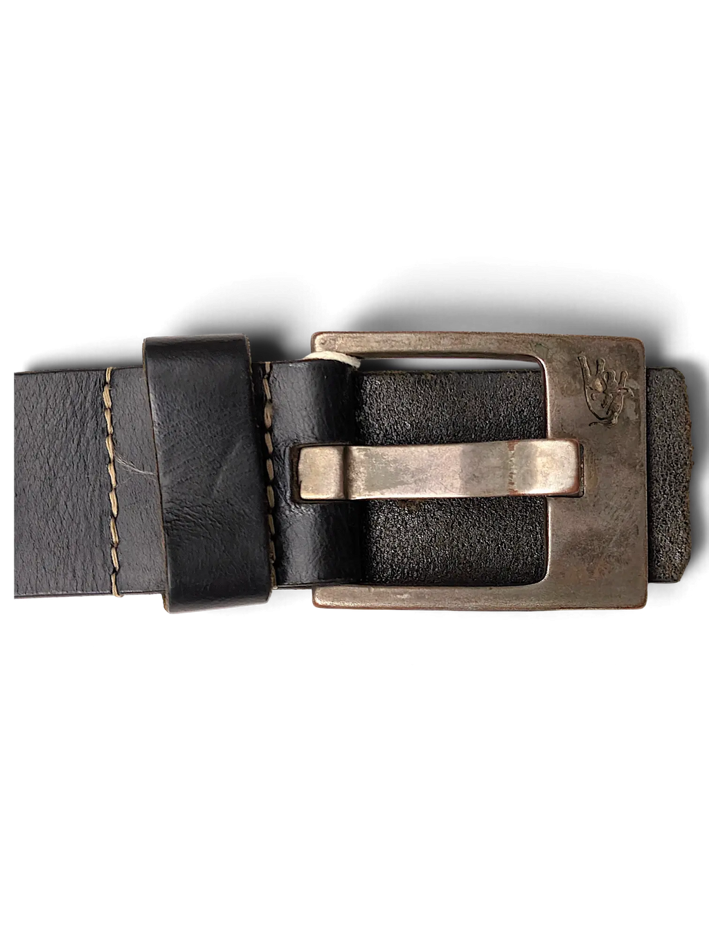 JAKE & IPI Legend black leather belt featuring a distressed metal buckle with a hand logo detail