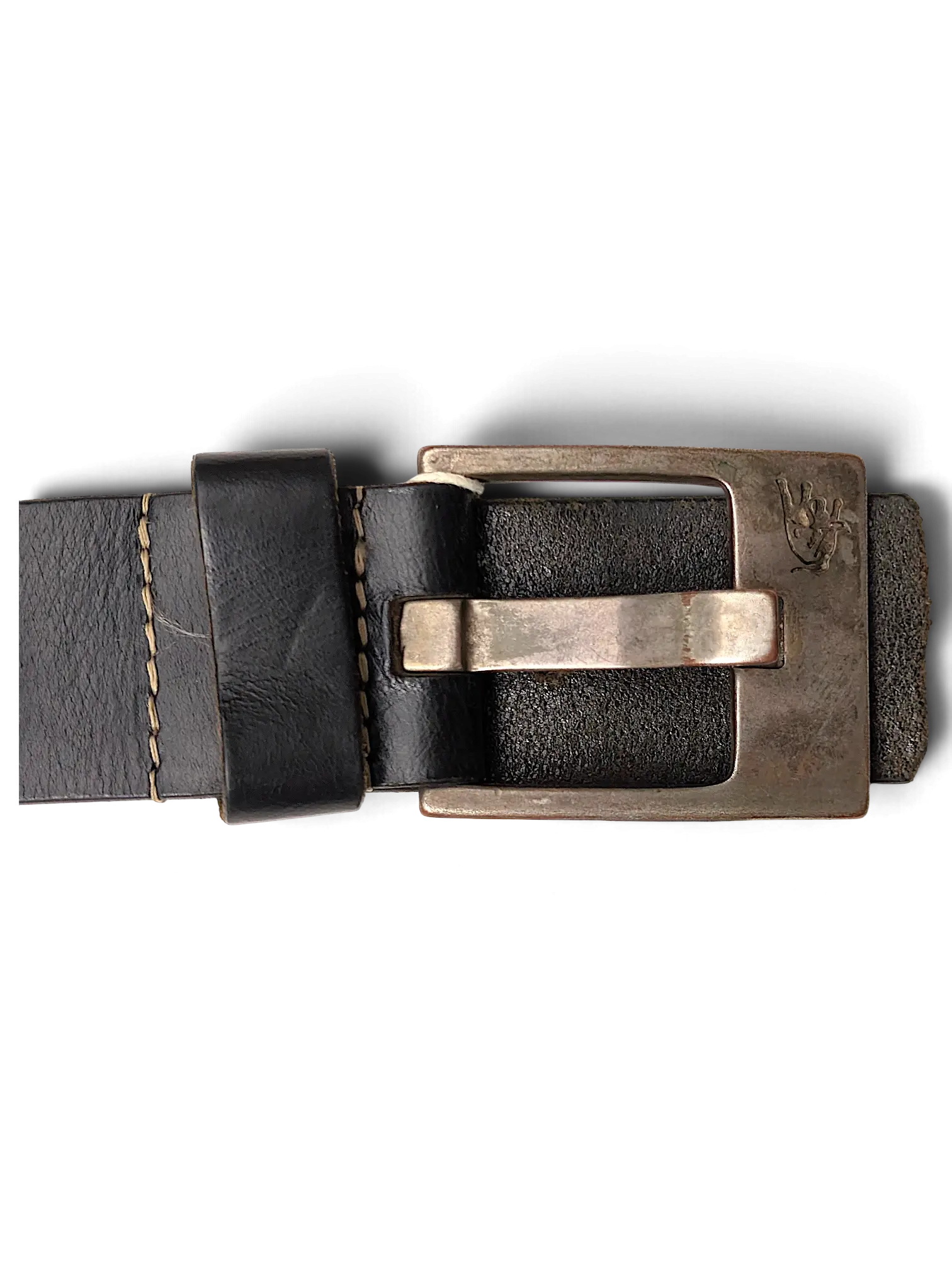 JAKE & IPI Legend black leather belt featuring a distressed metal buckle with a hand logo detail