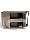 JAKE & IPI Legend black leather belt featuring a distressed silver-tone metal buckle with a bull logo engraving.