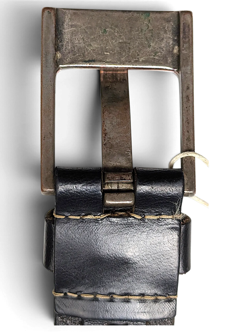 JAKE & IPI Legend black leather belt featuring a distressed metal buckle and visible contrast stitching