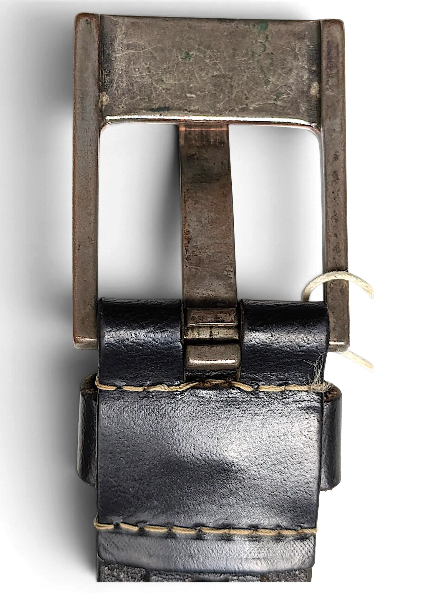 JAKE & IPI Legend black leather belt featuring a distressed metal buckle and visible contrast stitching