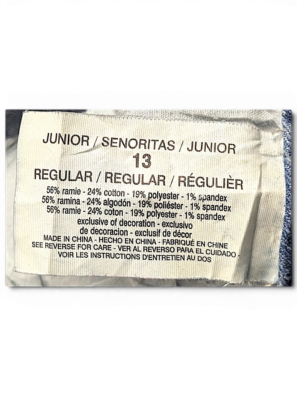 JAKE & IPI l.e.i. Taylor lowrise skinny jeans size 13R fabric care label showing cotton, ramie, polyester, and spandex
