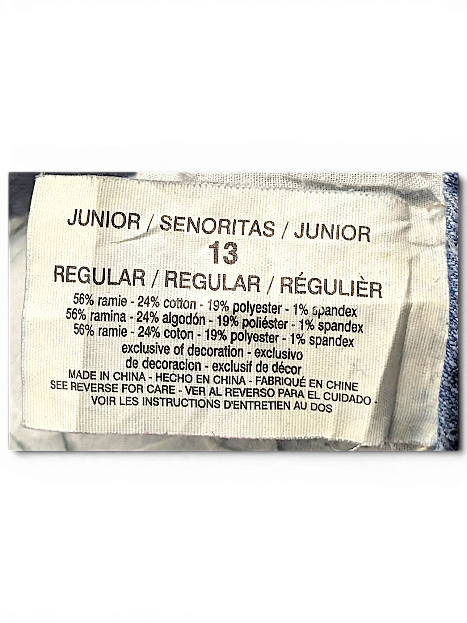 JAKE & IPI l.e.i. Taylor lowrise skinny jeans size 13R fabric care label showing cotton, ramie, polyester, and spandex