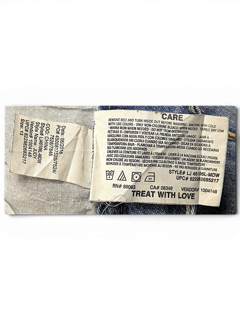JAKE & IPI l.e.i. Taylor lowrise skinny jeans care label with washing instructions and product details