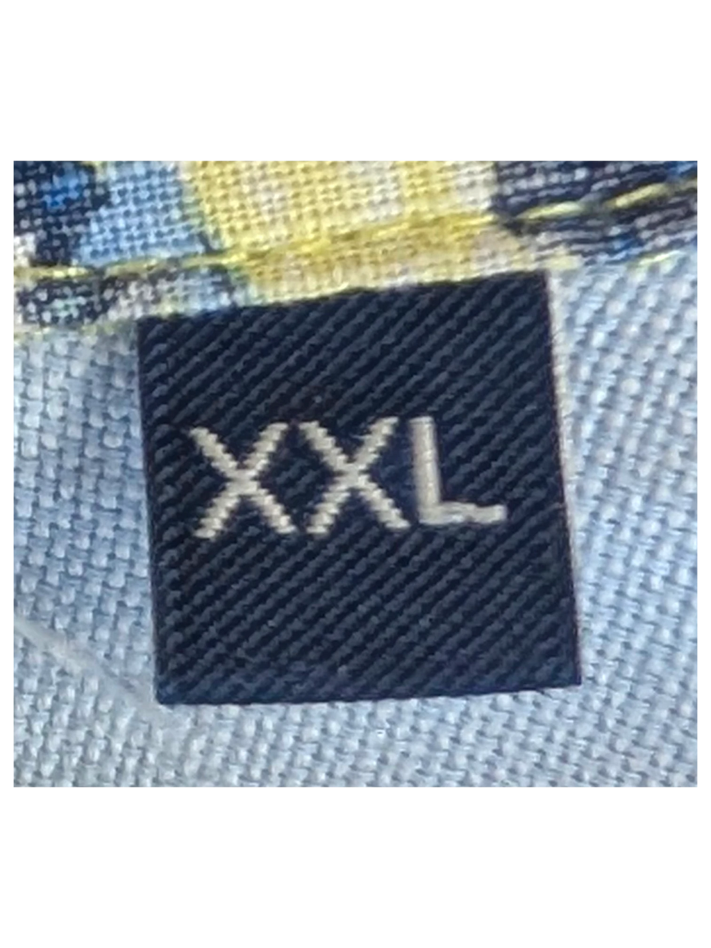 JAKE & IPI Lerros Hawaiian shirt size XXL label detail showing blue and yellow patterned fabric