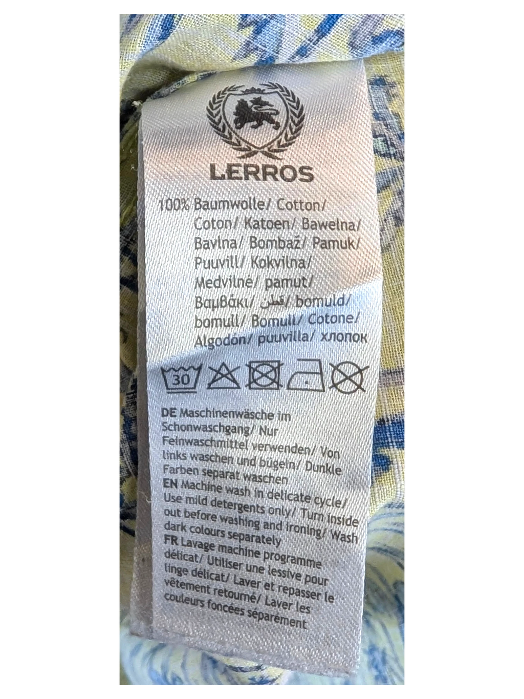 JAKE & IPI Lerros Hawaiian shirt care label showing 100% cotton composition and washing instructions