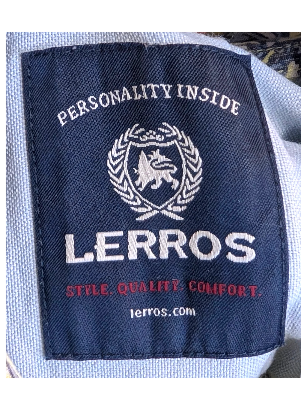 JAKE & IPI Lerros Hawaiian shirt navy blue fabric label with white embroidered logo and text