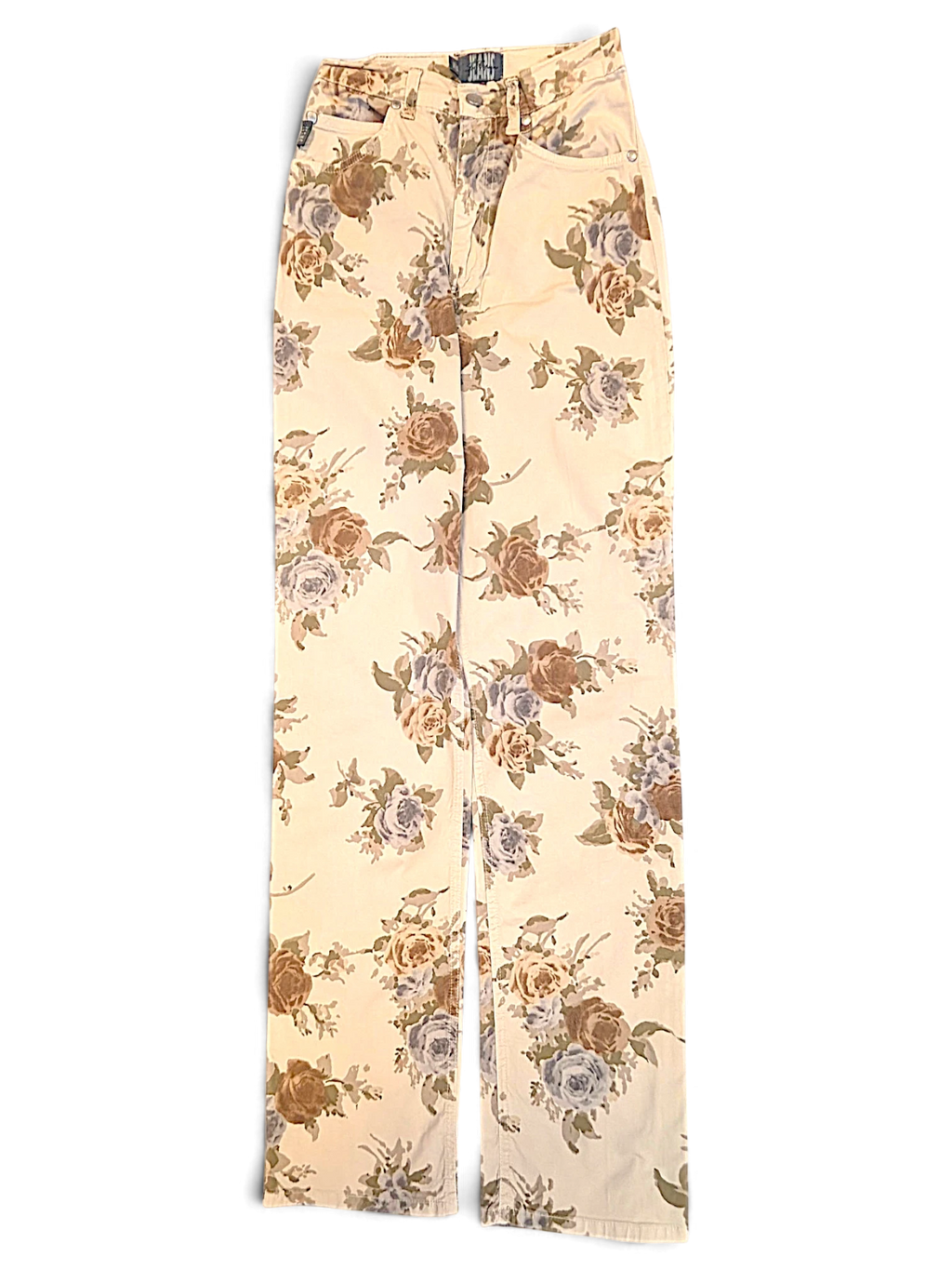 JAKE & IPI pre-owned Les Copains beige trousers featuring a tonal floral pattern and a slim straight-leg silhouette.