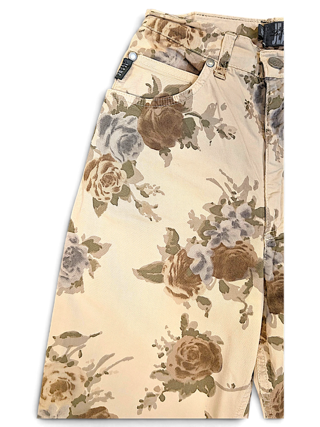 JAKE & IPI Les Copains beige trousers featuring a tonal floral pattern and slim straight-leg fit.