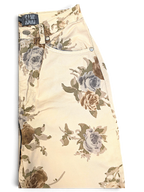 JAKE & IPI Les Copains beige trousers featuring a tonal floral pattern and a slim straight-leg silhouette.