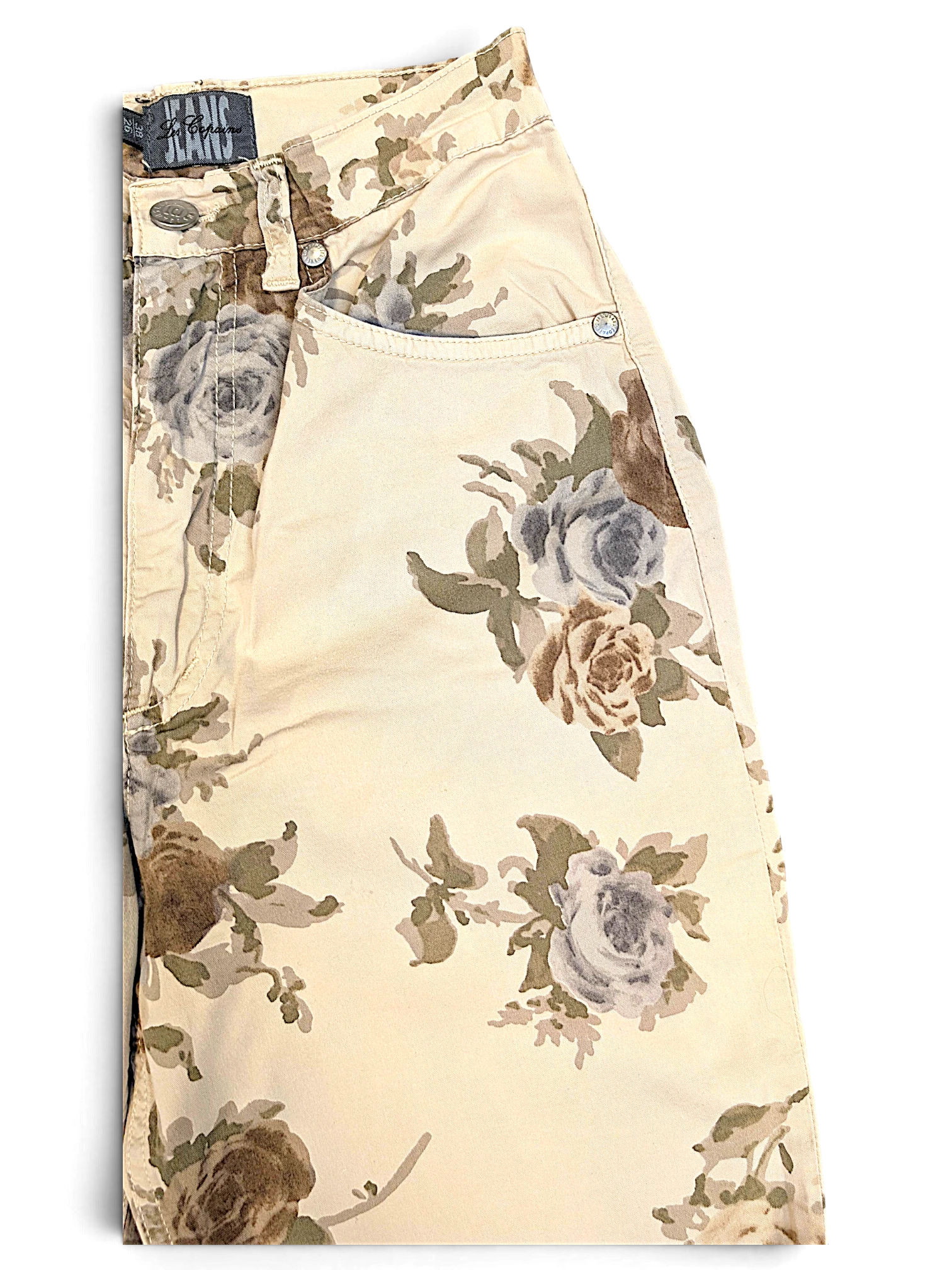 JAKE & IPI Les Copains beige trousers featuring a tonal floral pattern and a slim straight-leg silhouette.