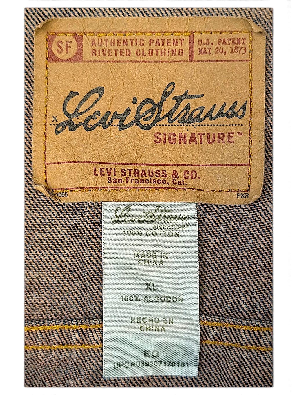JAKE & IPI Levi Strauss Signature denim jacket interior leather brand patch and size XL care label