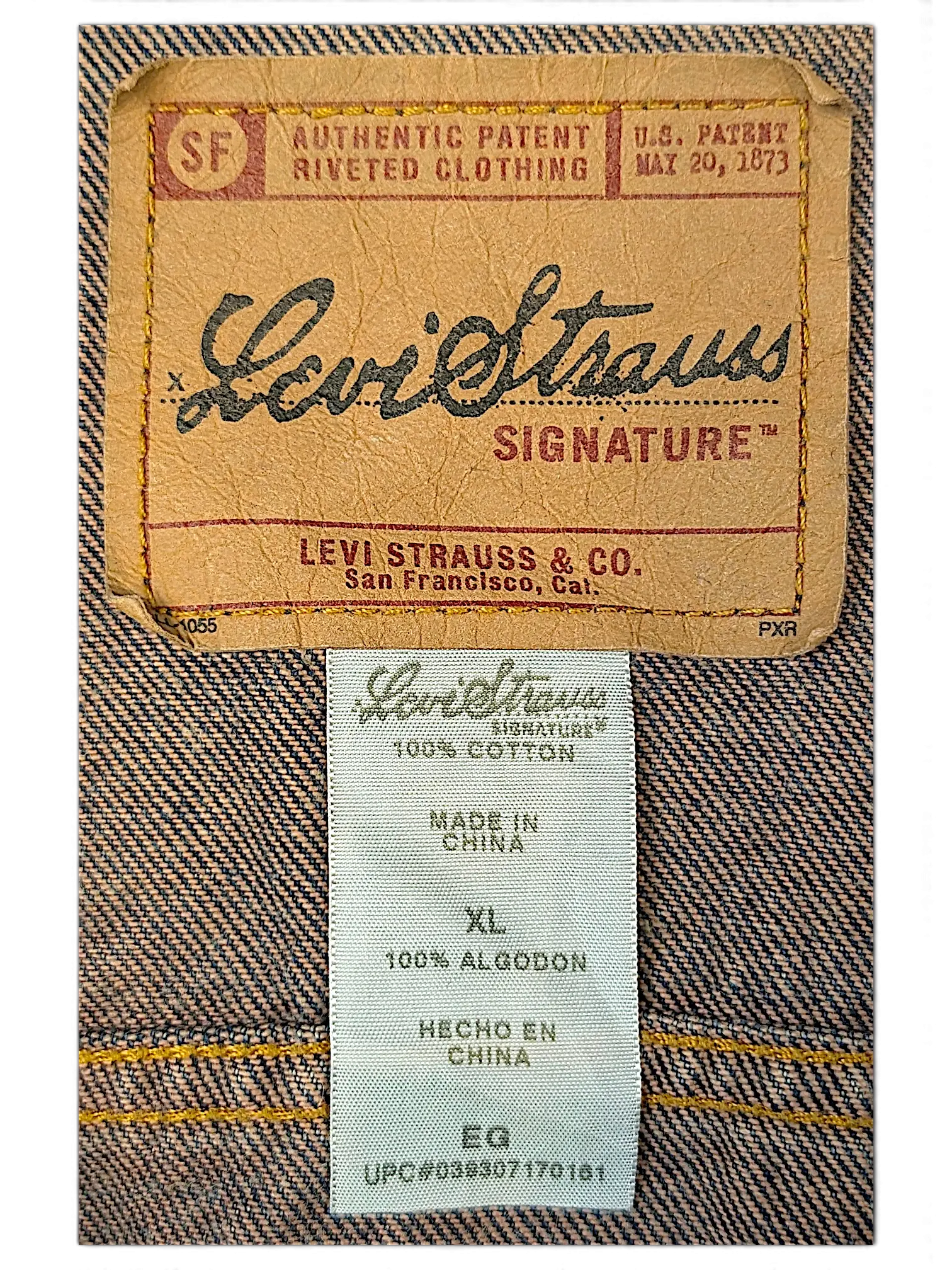 JAKE & IPI Levi Strauss Signature denim jacket interior leather brand patch and size XL care label