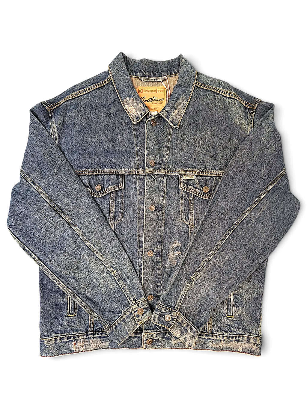 JAKE & IPI Levi Strauss Signature blue distressed denim jacket with button-up front and chest pockets.