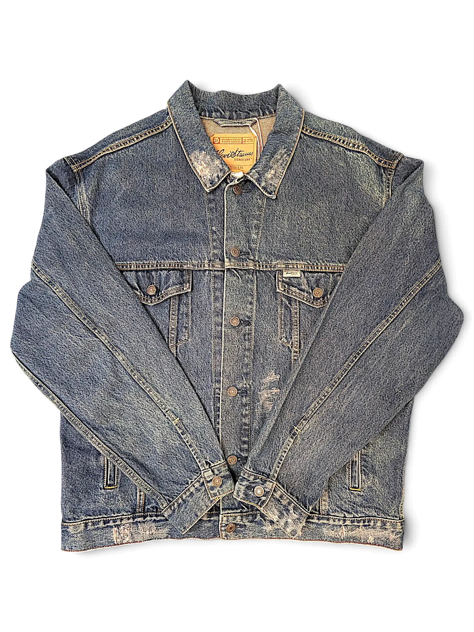 JAKE & IPI Levi Strauss Signature blue distressed denim jacket with button-up front and chest pockets.