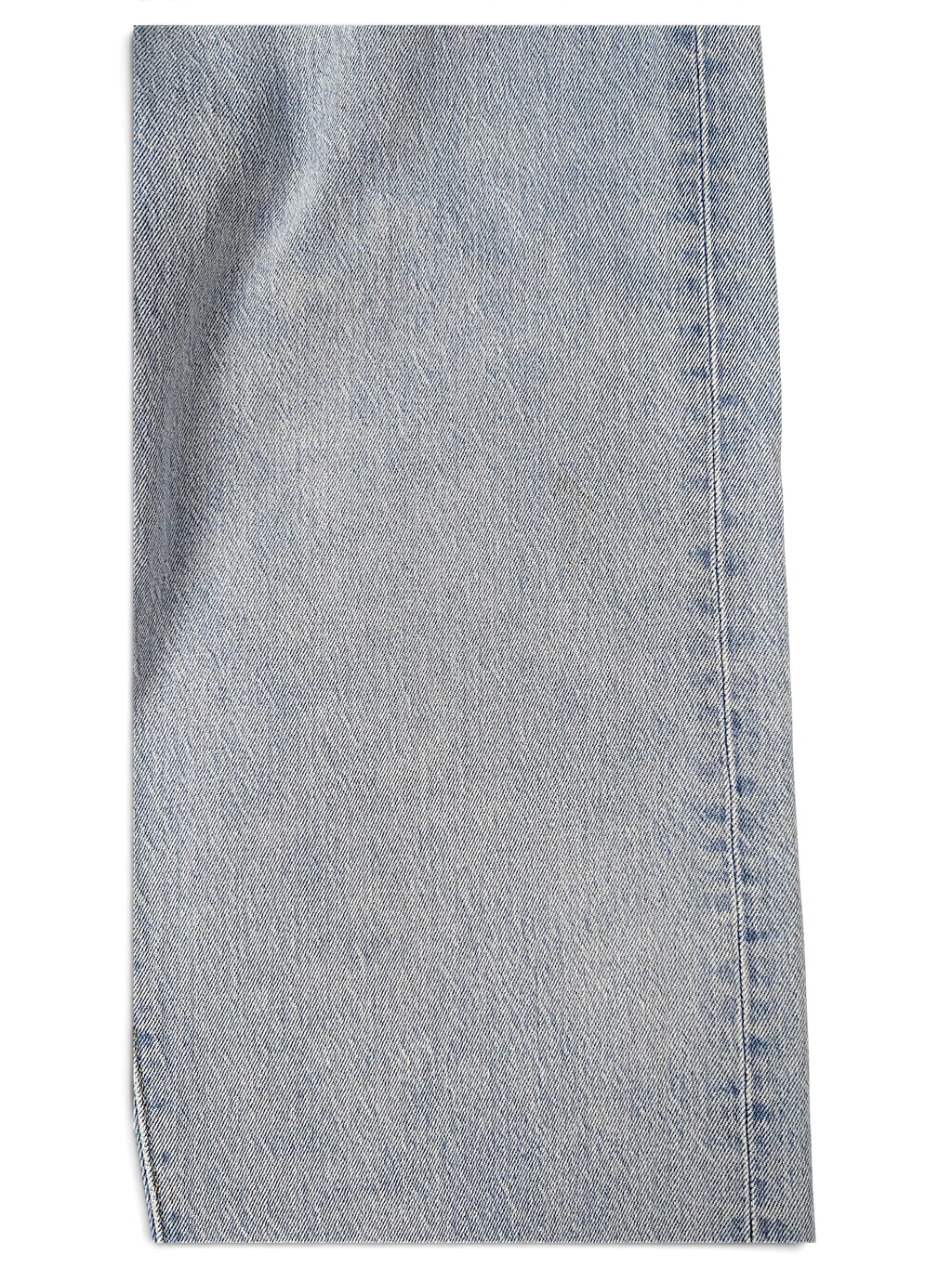 JAKE & IPI Levi's 501 20W light wash denim jeans fabric detail showing a small faint stain on the cotton material
