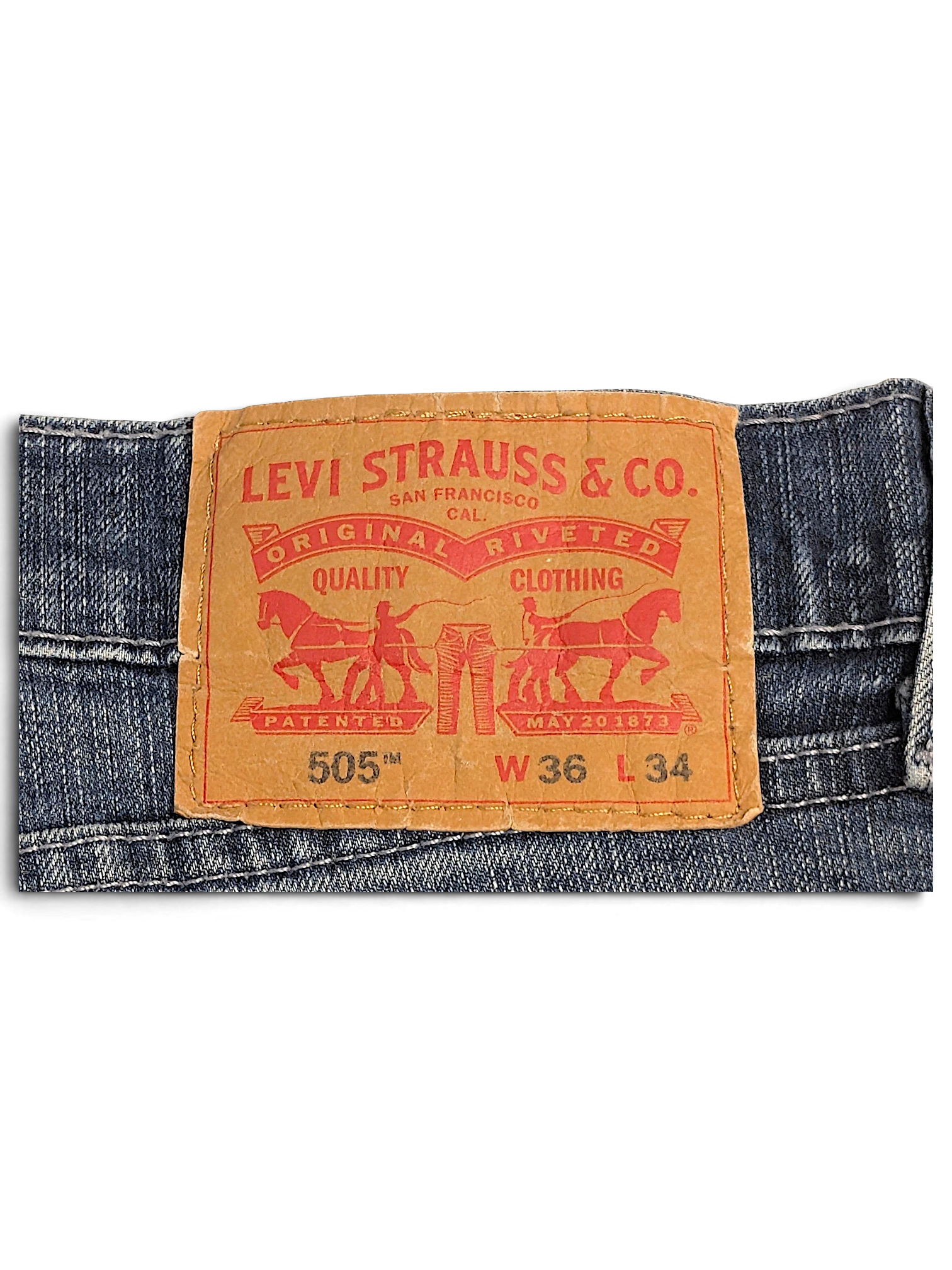 JAKE & IPI Levi’s 505 faded blue stretch denim jeans leather back patch detail