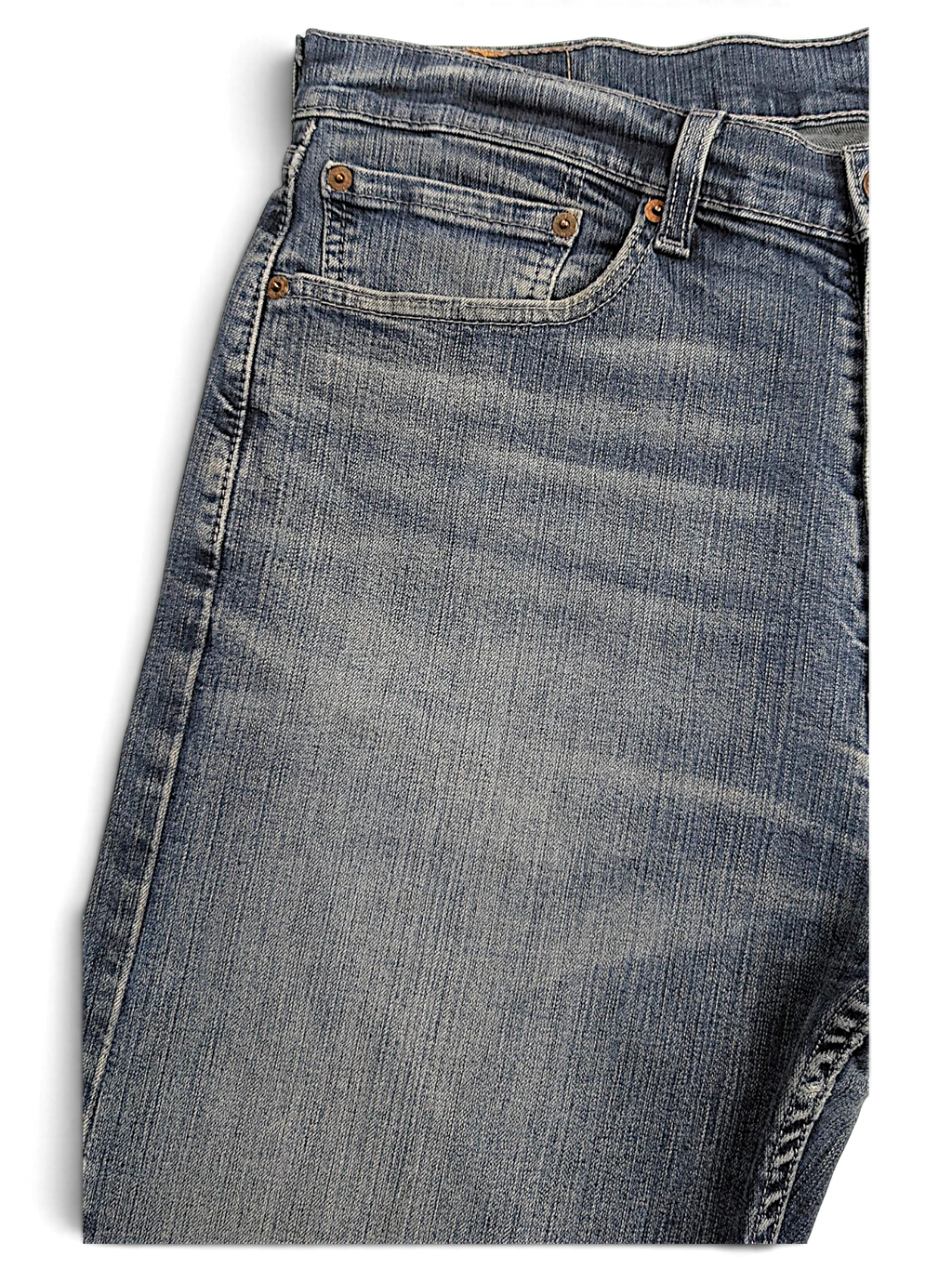 JAKE & IPI pre-owned Levi’s 505 regular straight jeans in faded blue stretch denim with distressed details.