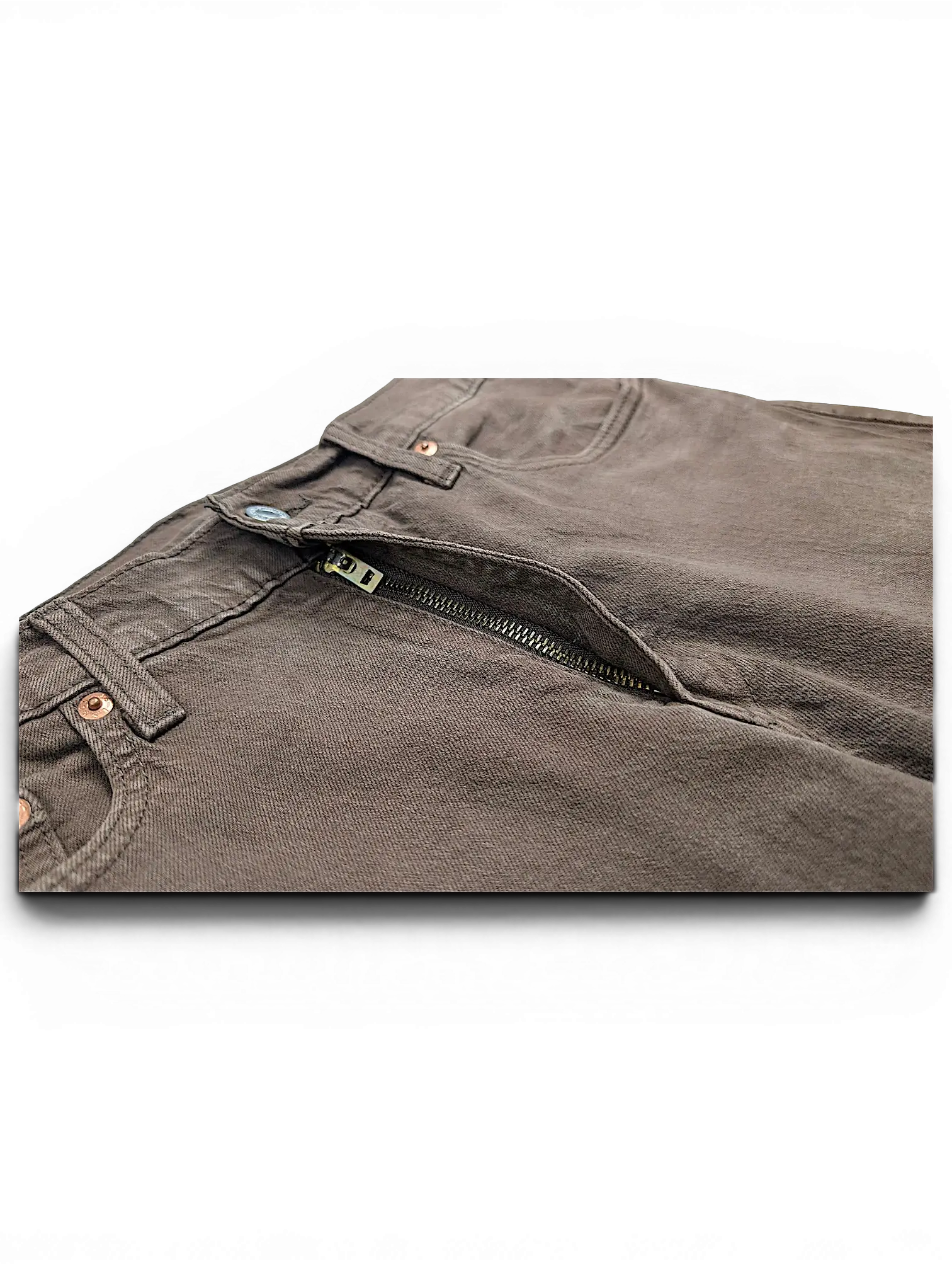JAKE & IPI Levi's 511 brown denim jeans featuring a metal zipper fly and copper rivets in a slim fit style.