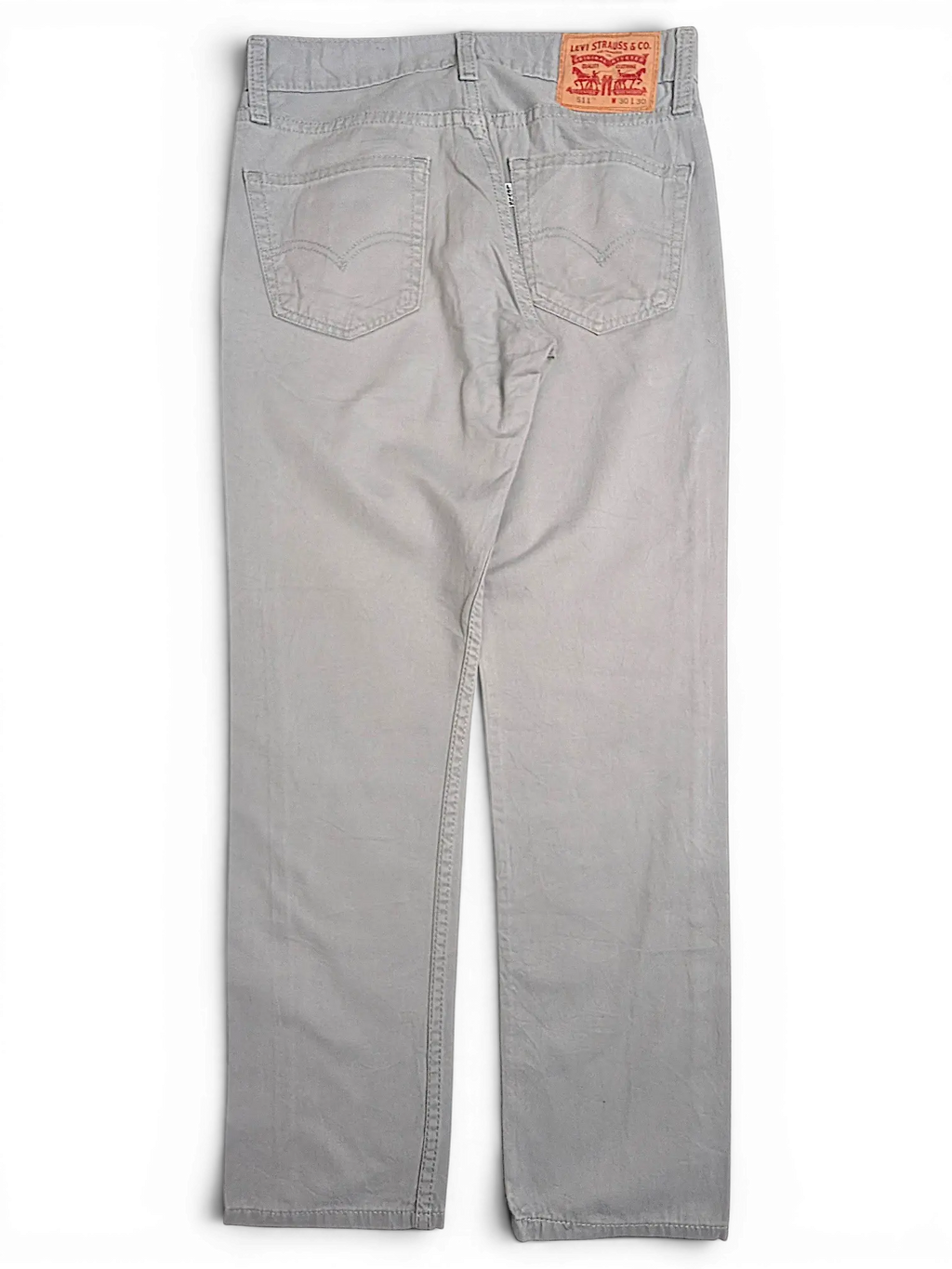 JAKE & IPI Levi's 511 slim fit chino pants in light grey with back pocket detailing and leather brand patch.