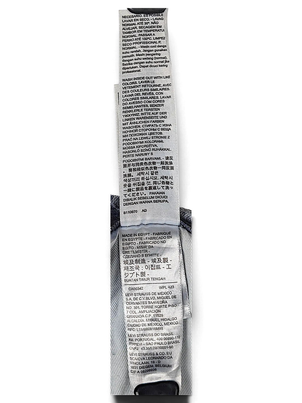 JAKE & IPI Levi's 511 jeans interior care and origin label showing Egypt manufacturing details