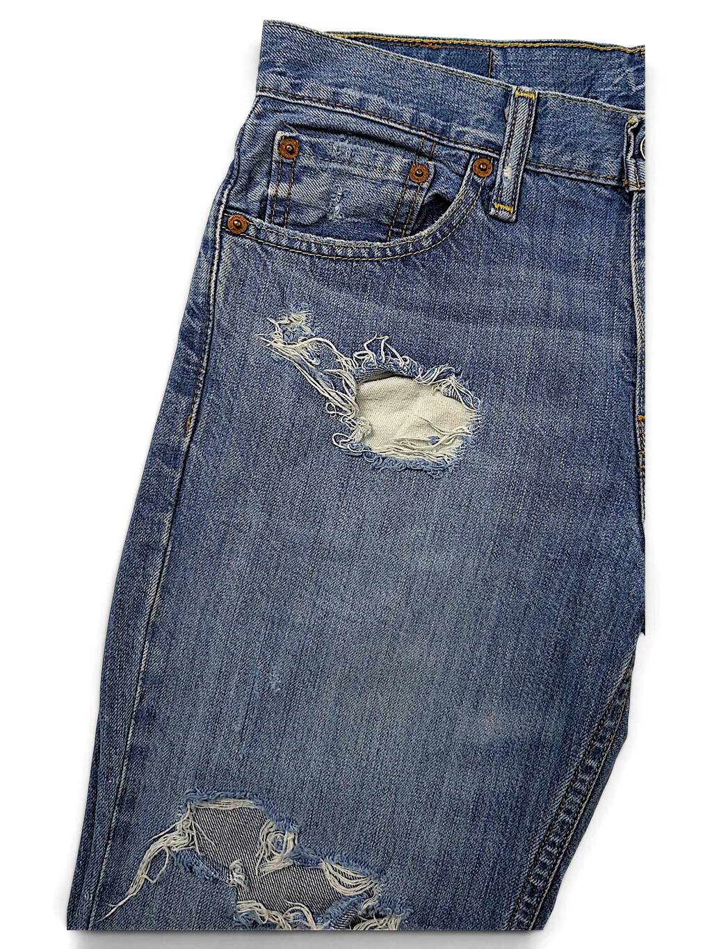 JAKE & IPI Levi's 511 blue denim jeans featuring distressed ripped details on the thigh and knee