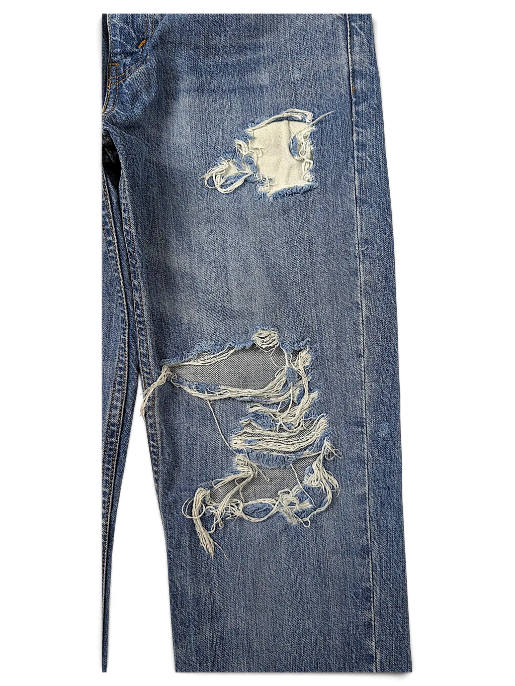 JAKE & IPI Levi's 511 blue denim jeans featuring distressed ripped knees and frayed detailing