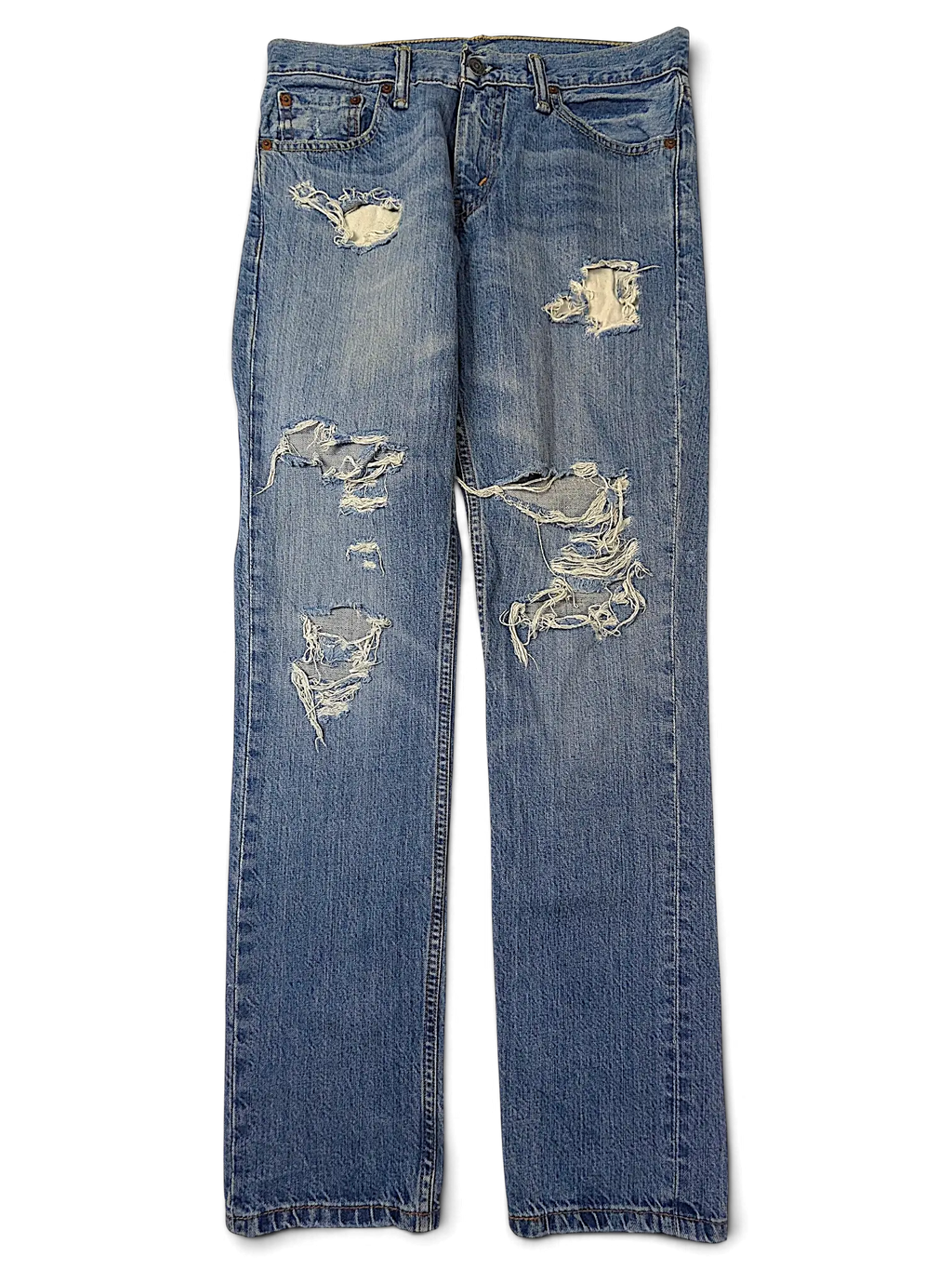 JAKE & IPI Levi's 511 light wash blue denim jeans with distressed ripped detailing and slim fit silhouette