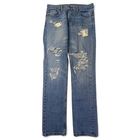 JAKE & IPI Levi's 511 light wash blue denim jeans with distressed ripped detailing and slim fit silhouette