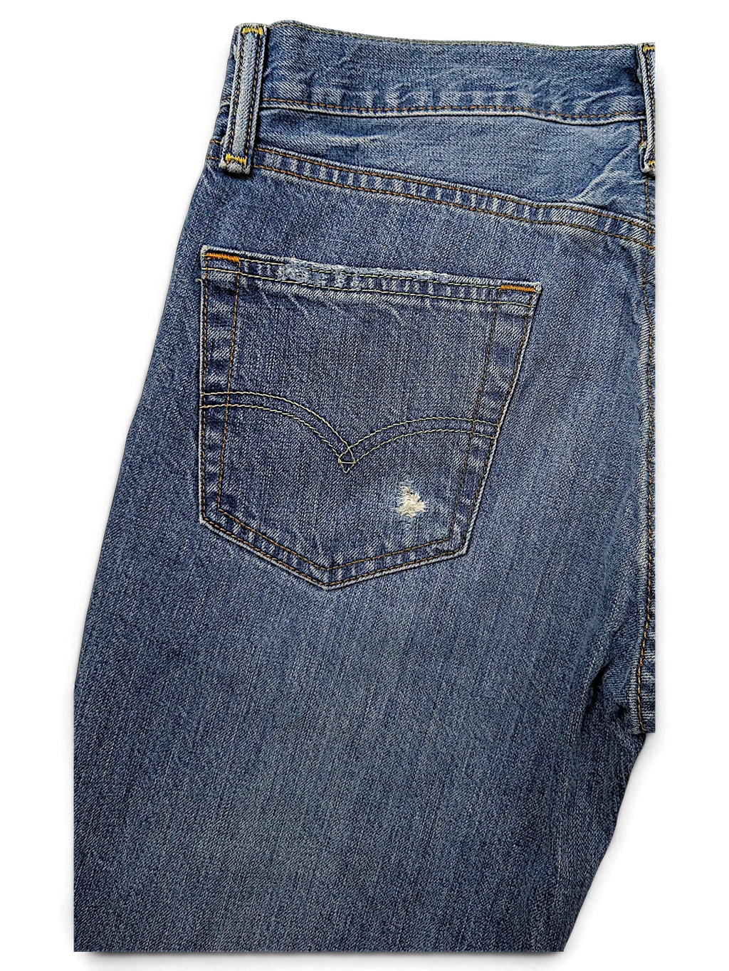 JAKE & IPI Levi's 511 blue denim jeans featuring a back pocket with subtle distressing and signature arcuate stitching.