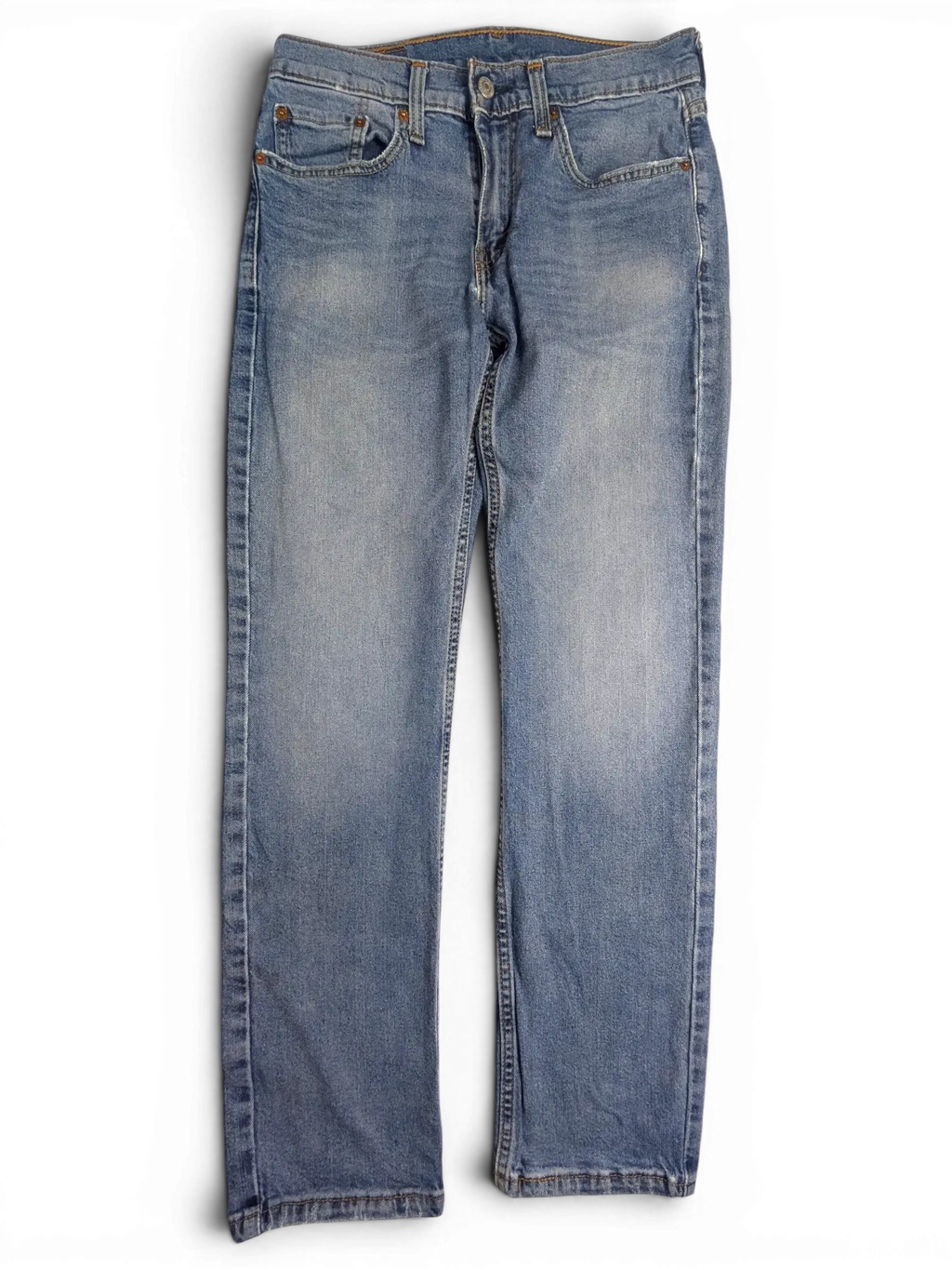 JAKE & IPI Levi's 514 straight leg blue denim jeans with a faded wash and classic five-pocket styling.
