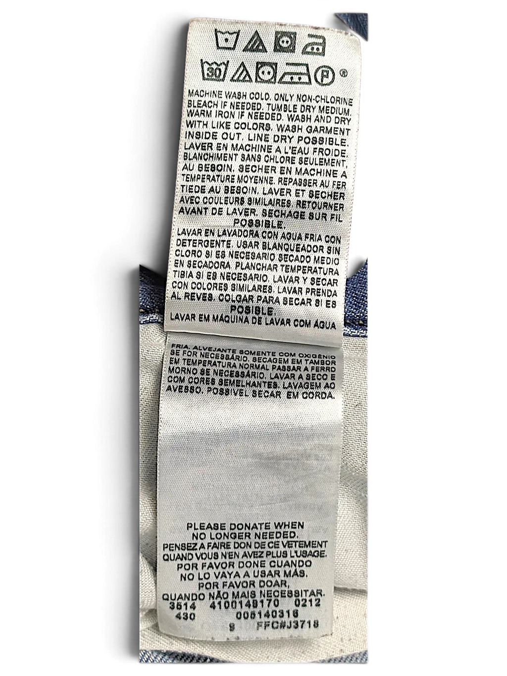 JAKE & IPI Levi's 514 jeans inner care label with washing instructions and fabric details