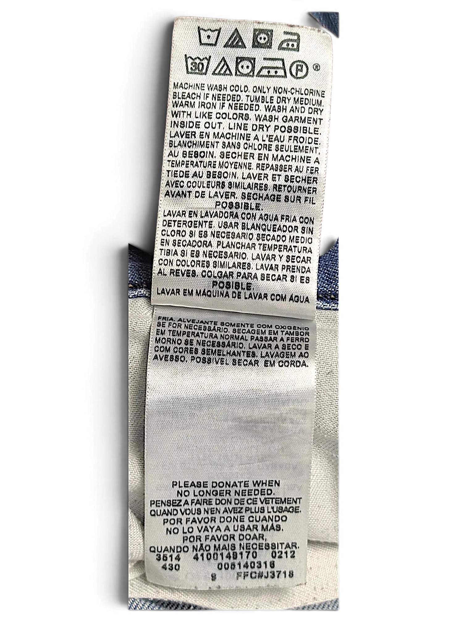 JAKE & IPI Levi's 514 jeans inner care label with washing instructions and fabric details