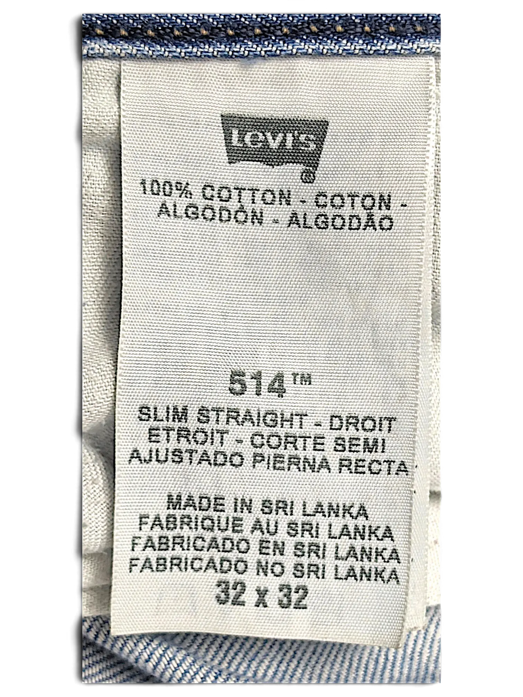 JAKE & IPI Levi's 514 slim straight jeans care tag showing 100 percent cotton material and size 32x32