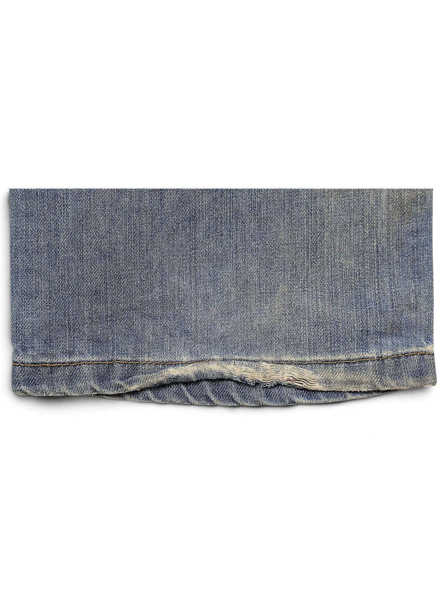 JAKE & IPI Levi's 514 blue denim jeans hem detail showing light wear and classic stitching