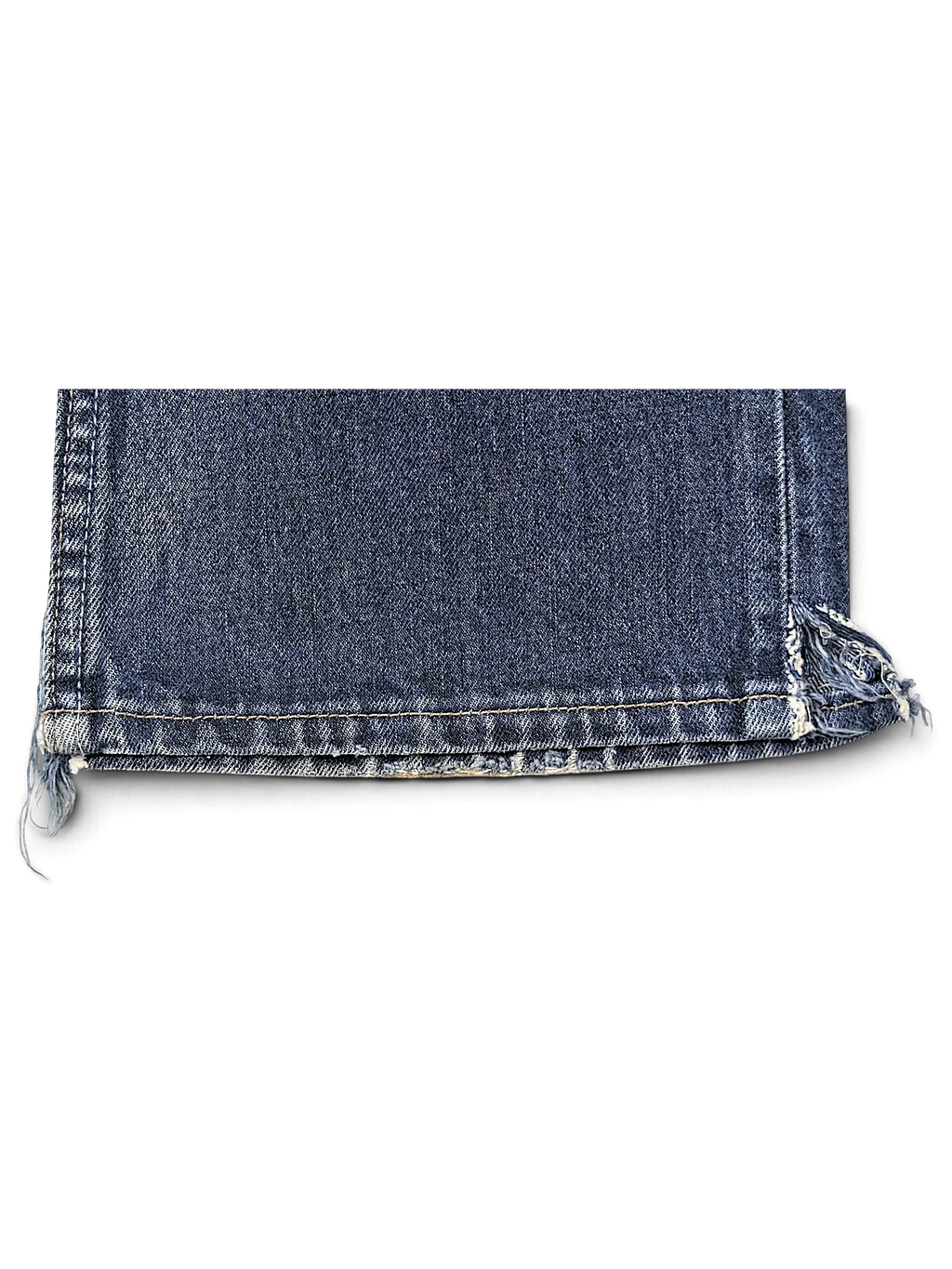 JAKE & IPI Levi's 555 blue denim jeans hem detail with distressed frayed edges and contrast stitching