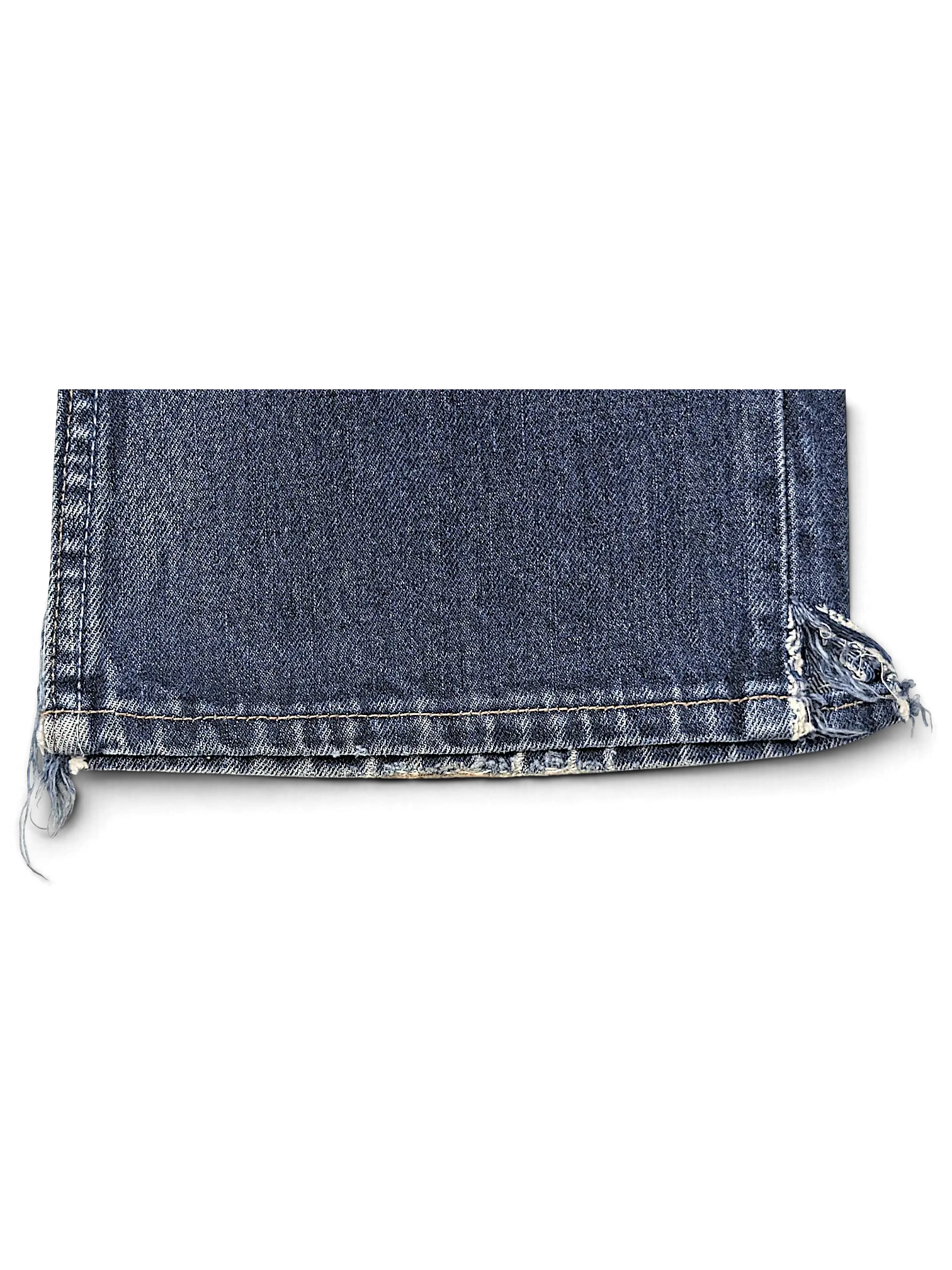 JAKE & IPI Levi's 555 blue denim jeans hem detail with distressed frayed edges and contrast stitching