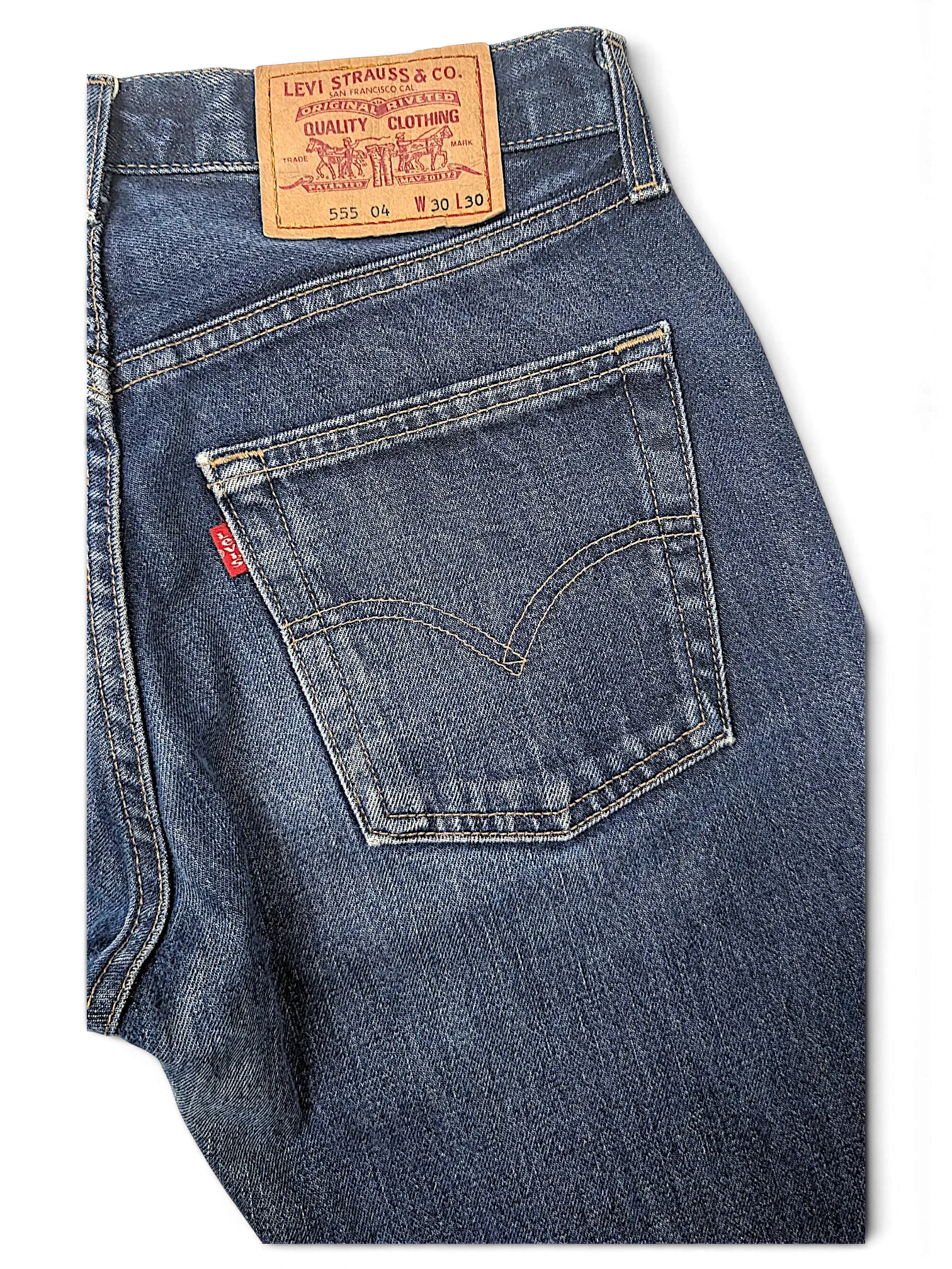 JAKE & IPI Levi's 555 blue denim jeans featuring a classic leather back patch and signature red tab pocket detail.