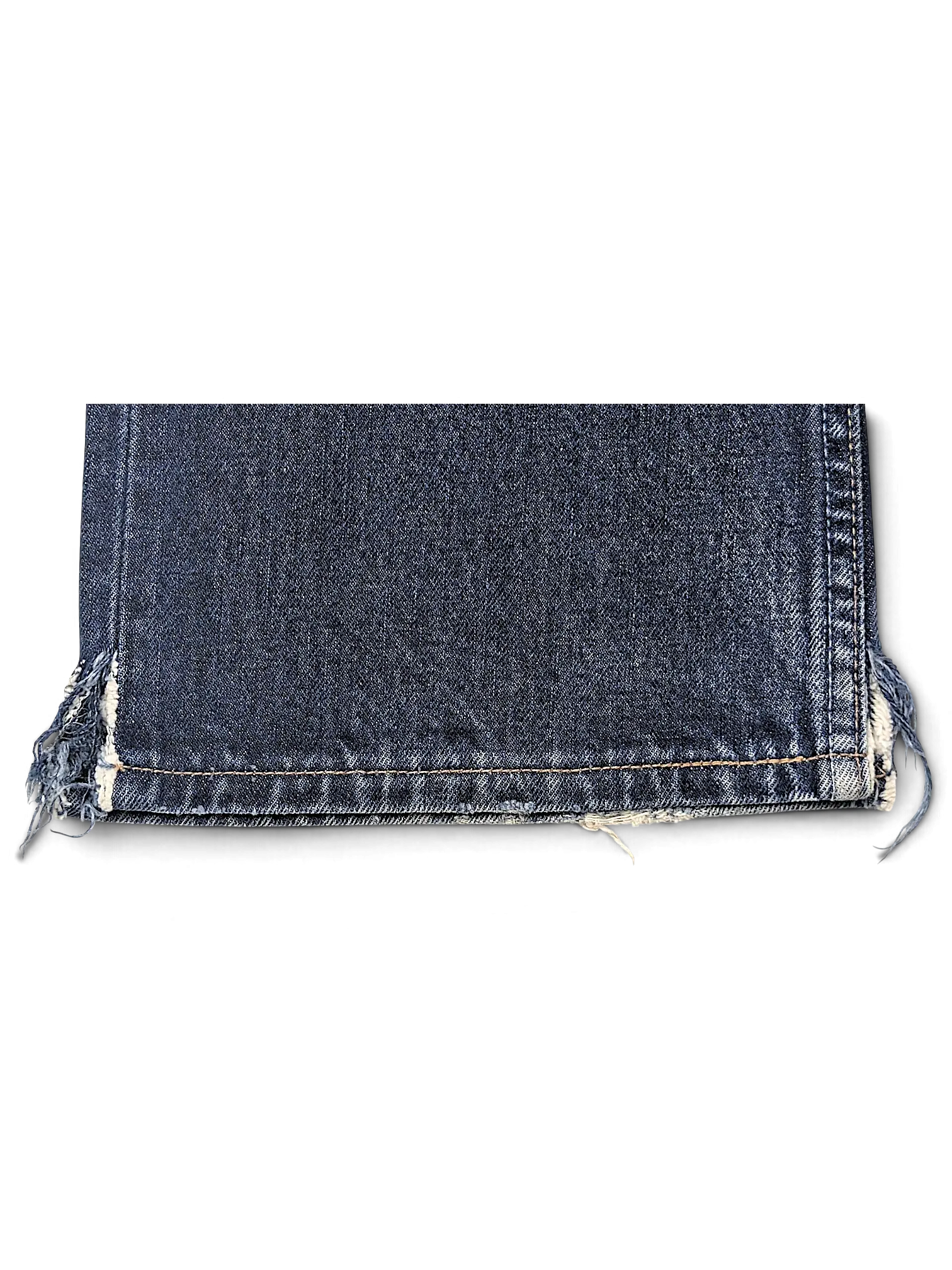 JAKE & IPI Levi's 555 dark wash denim jeans featuring a distressed frayed hem detail on the leg opening.