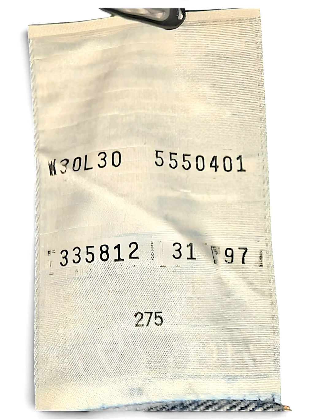 JAKE & IPI Levi's 555 jeans inner care label showing size W30 L30 and production details