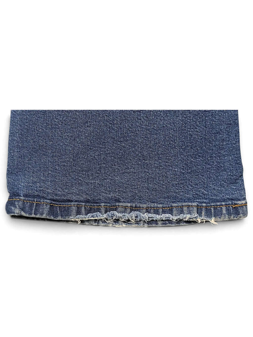 JAKE & IPI Levi's 584 87 blue denim jeans featuring a distressed frayed hem detail on the leg opening.