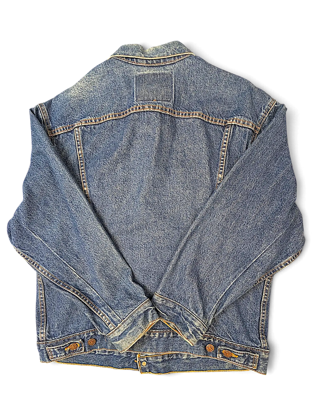 Back view of a JAKE & IPI Levi's tagless blue denim jacket with classic stitching and buttoned cuffs
