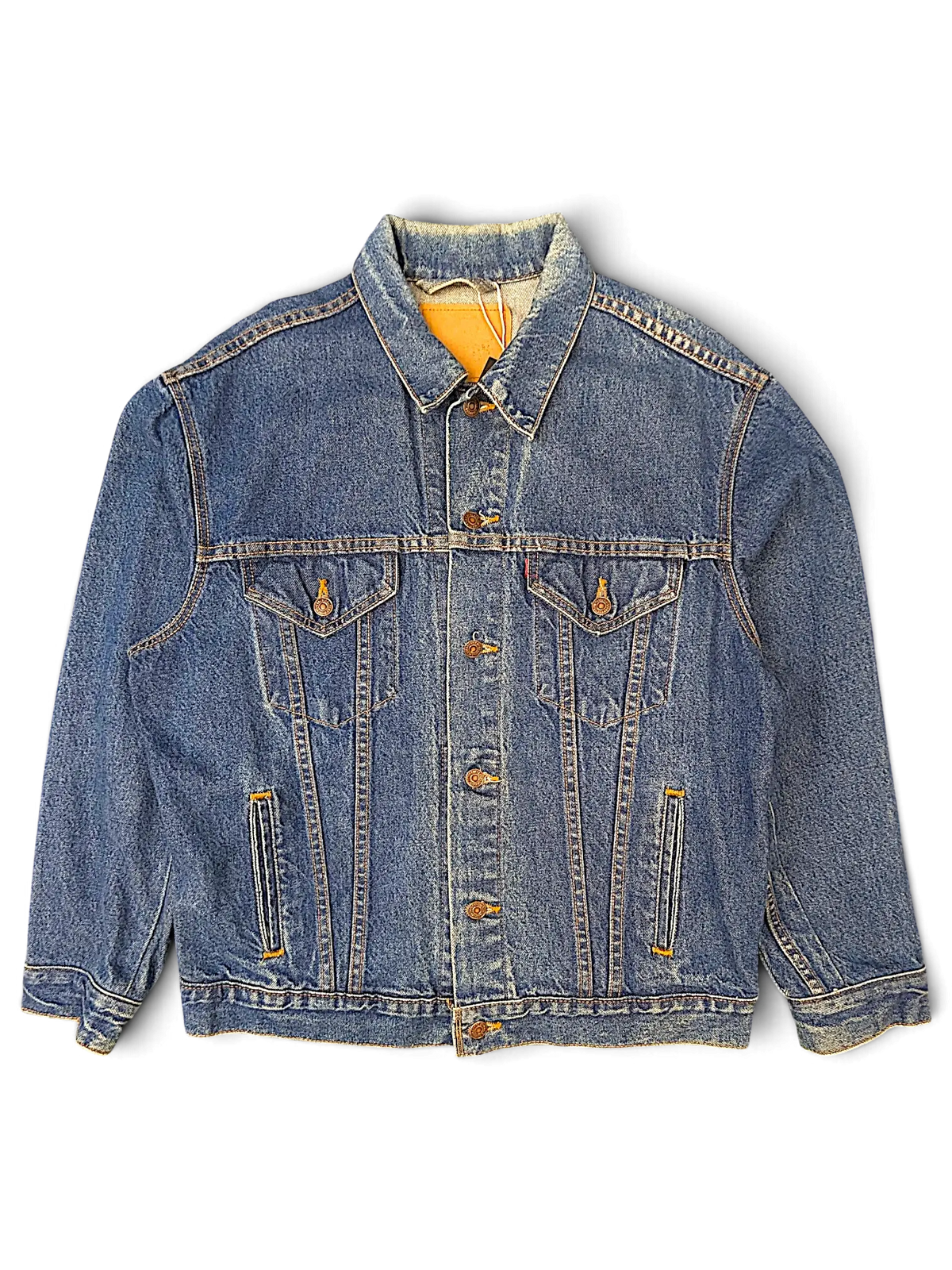 JAKE & IPI Levi's tagless blue denim jacket with button-up front, chest pockets, and classic collar.